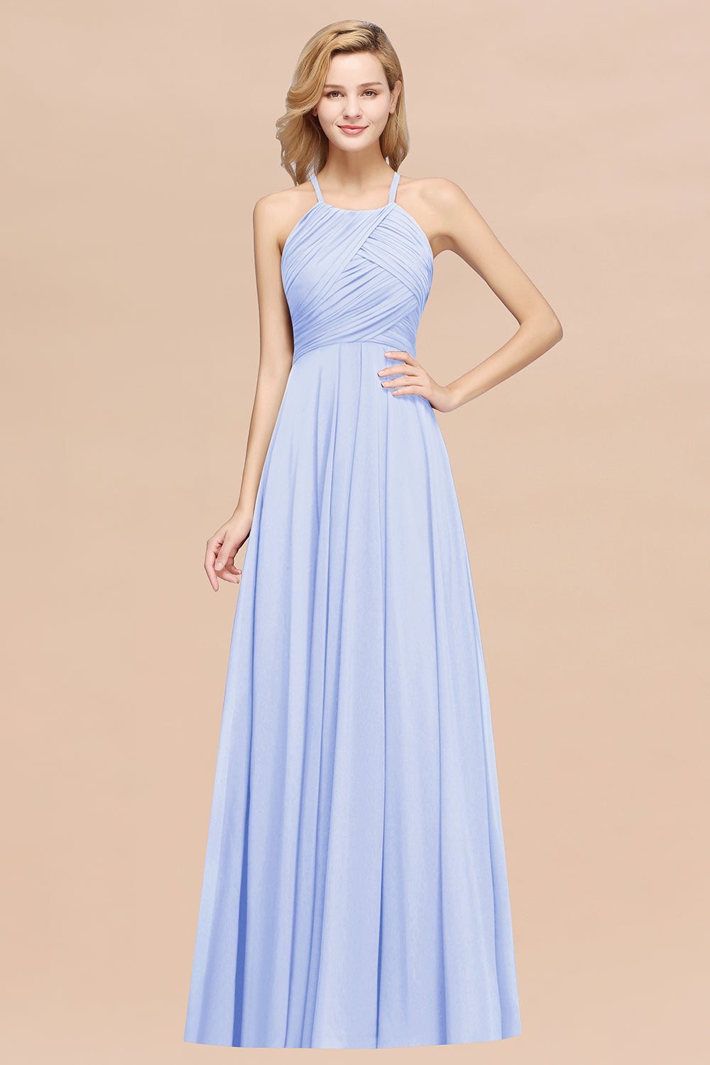 A-Line Chiffon Halter Ruffles Floor Length Bridesmaid Dress