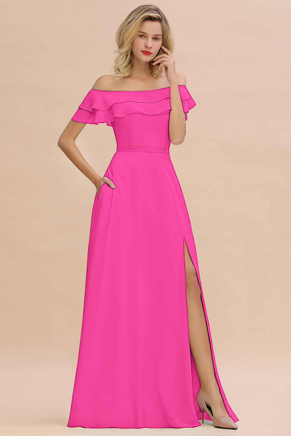 Off the Shoulder Front Slit Mint Green Long Bridesmaid Dress