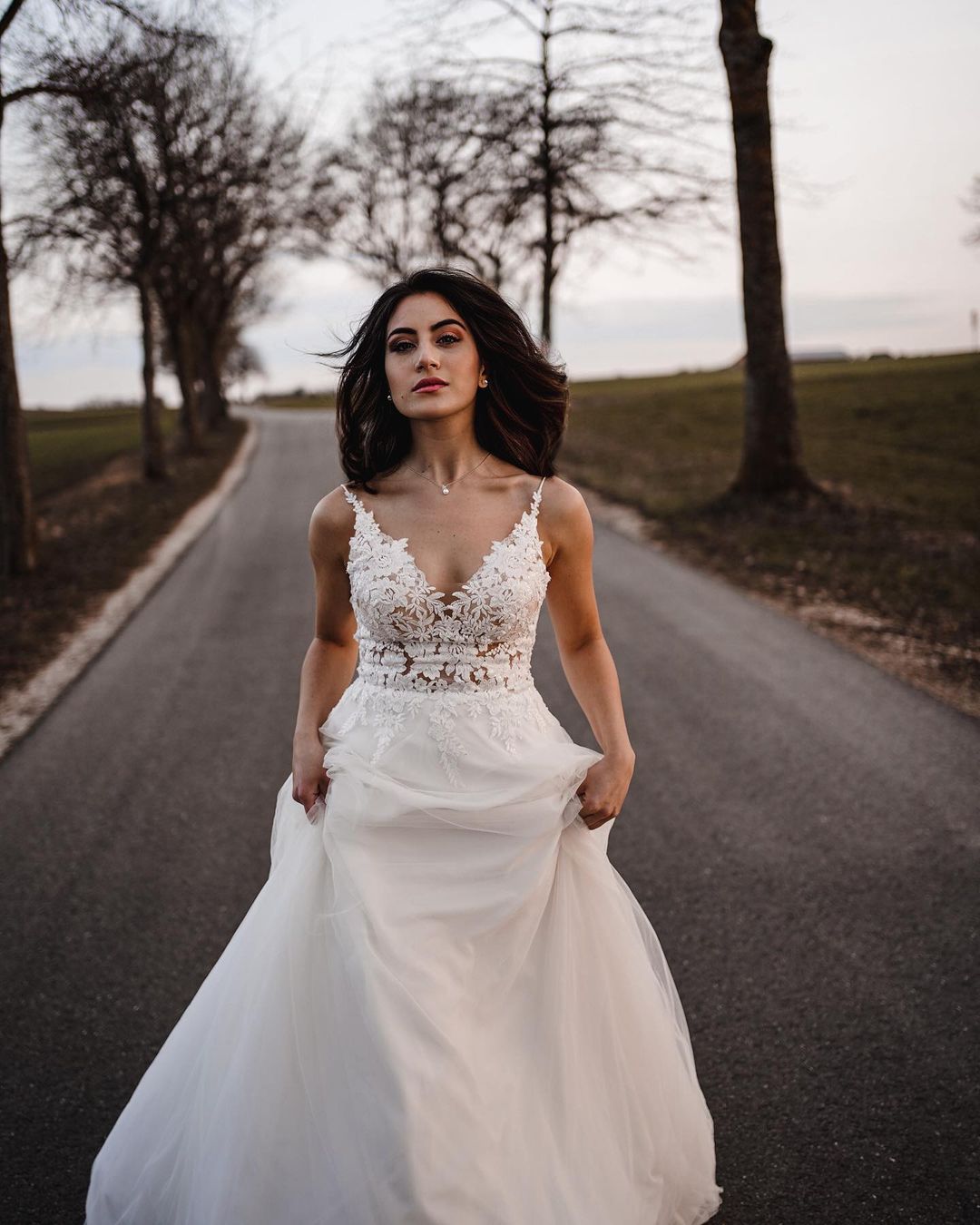 Simple Long A-line V-neck Tulle Lace Wedding Dress