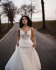 Simple Long A-line V-neck Tulle Lace Wedding Dress