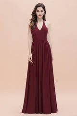 Burgundy Sleeveless V-neck Beaded Back Chiffon Bridesmaid Dress
