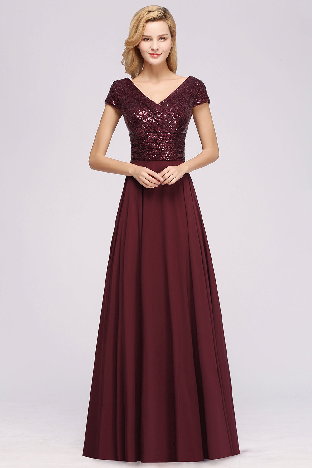A-Line Burgundy Chiffon Sequined V-Neck Sleeveless Ruffles Bridesmaid Dresses