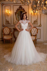 White Long A-line High Neck Tulle Lace Backless Wedding Dress