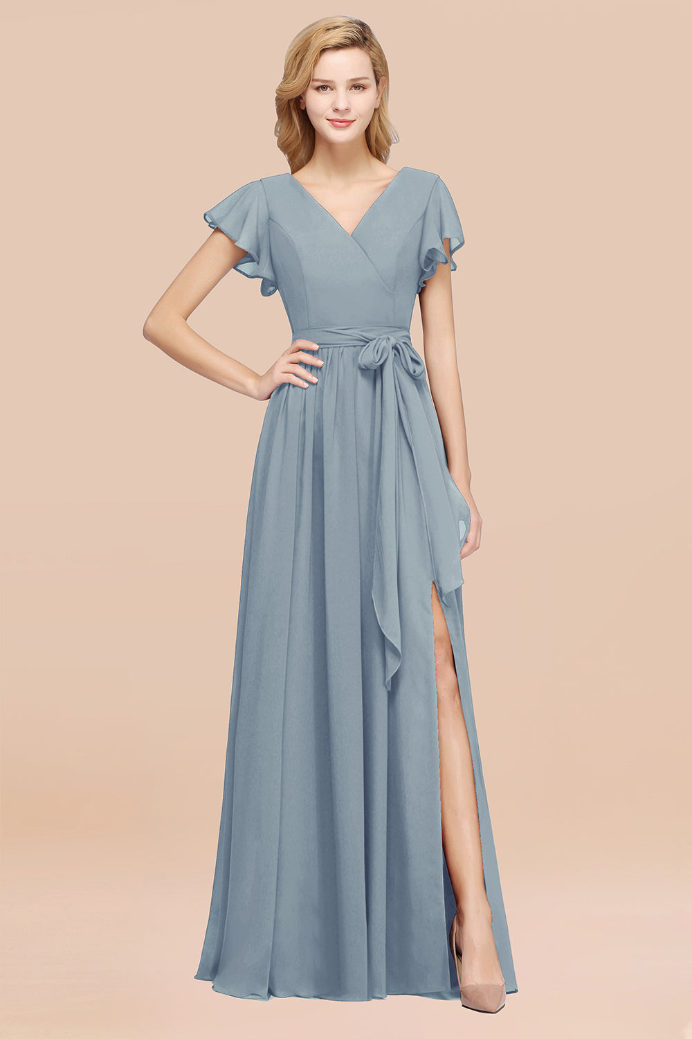 A-line Chiffon V-Neck Short Sleeves Floor Length Bridesmaid Dresses with Bow Sash