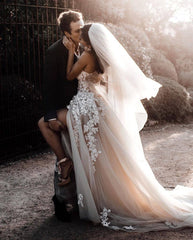 Chic Long A-line Sweetheart Lace Tulle Floral Lace Wedding Dress