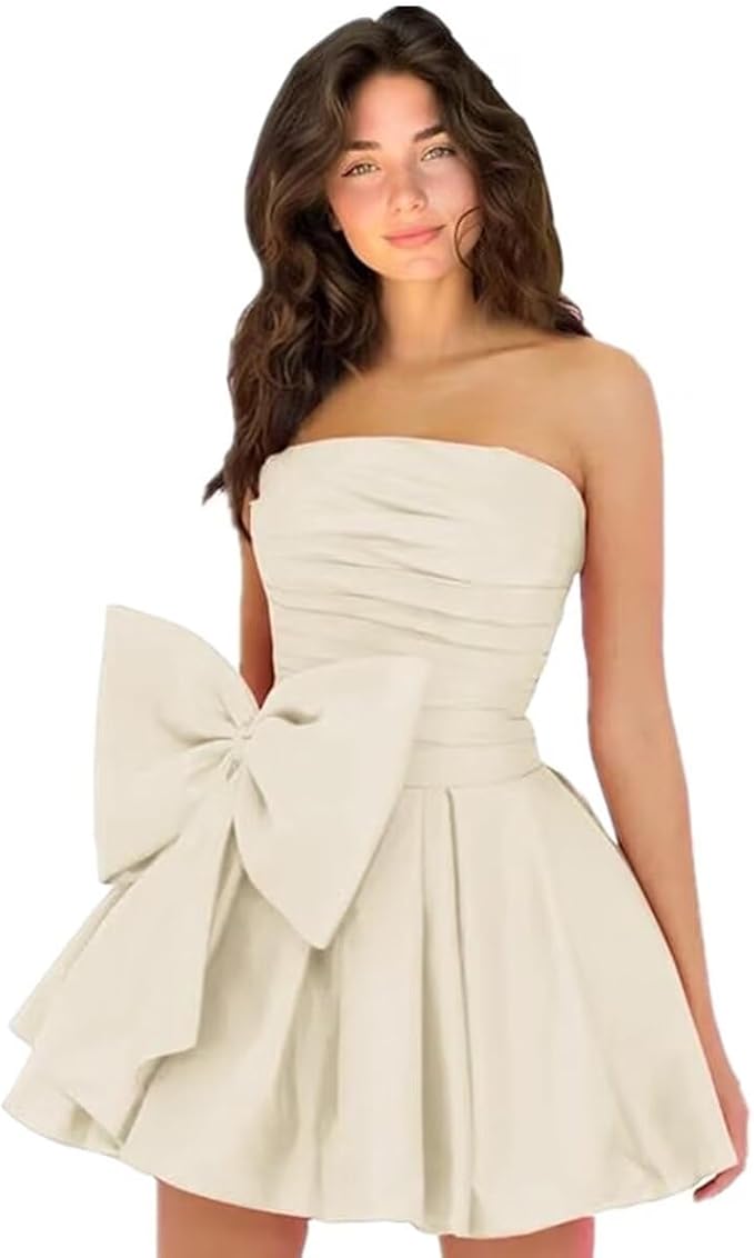Simple Short A-line Strapless Sleeveless Ruffle Satin Homecoming Dress