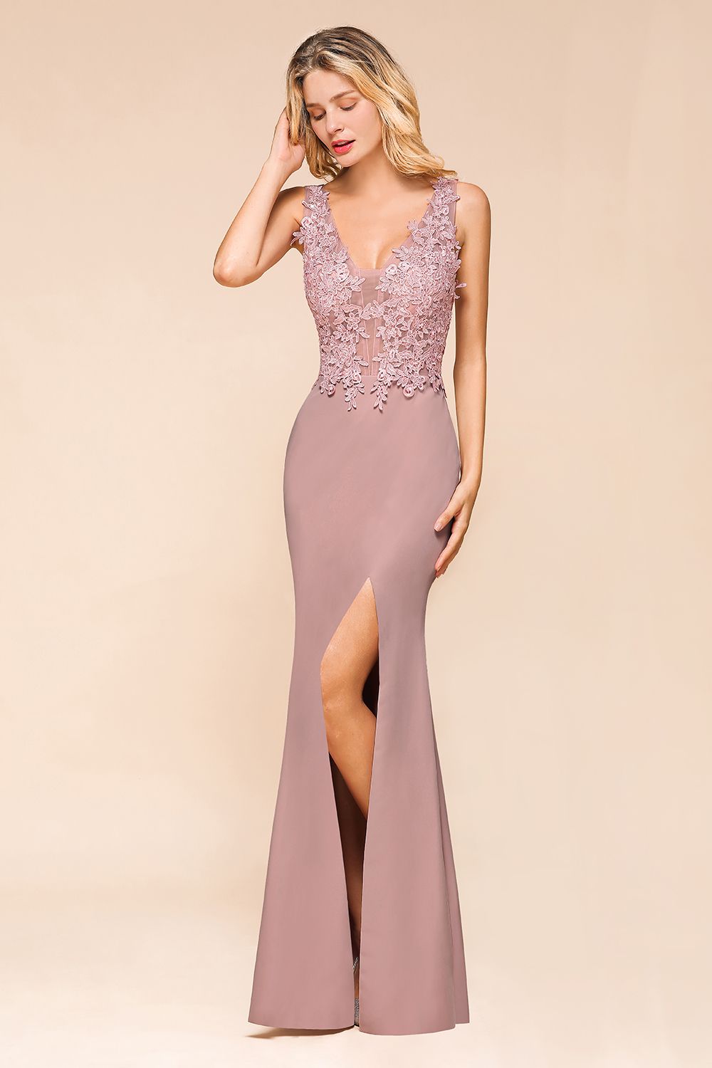 Long Mermaid Lace V-neck Sleeveless Evening Dresses