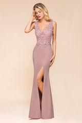 Dusty Pink Long Mermaid Lace Sleeveless Evening Gowns