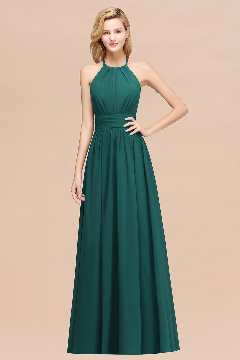 A-line Chiffon Appliques Halter Sleeveless Floor Length Bridesmaid Dresses with Ruffles