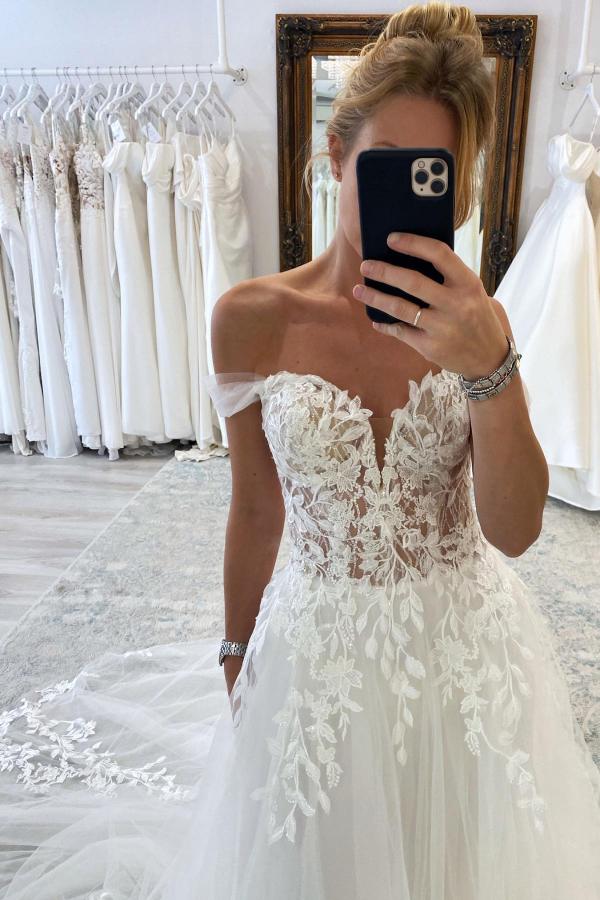 Charming White Long A-line Off the Shoulder Tulle Lace Wedding Dress