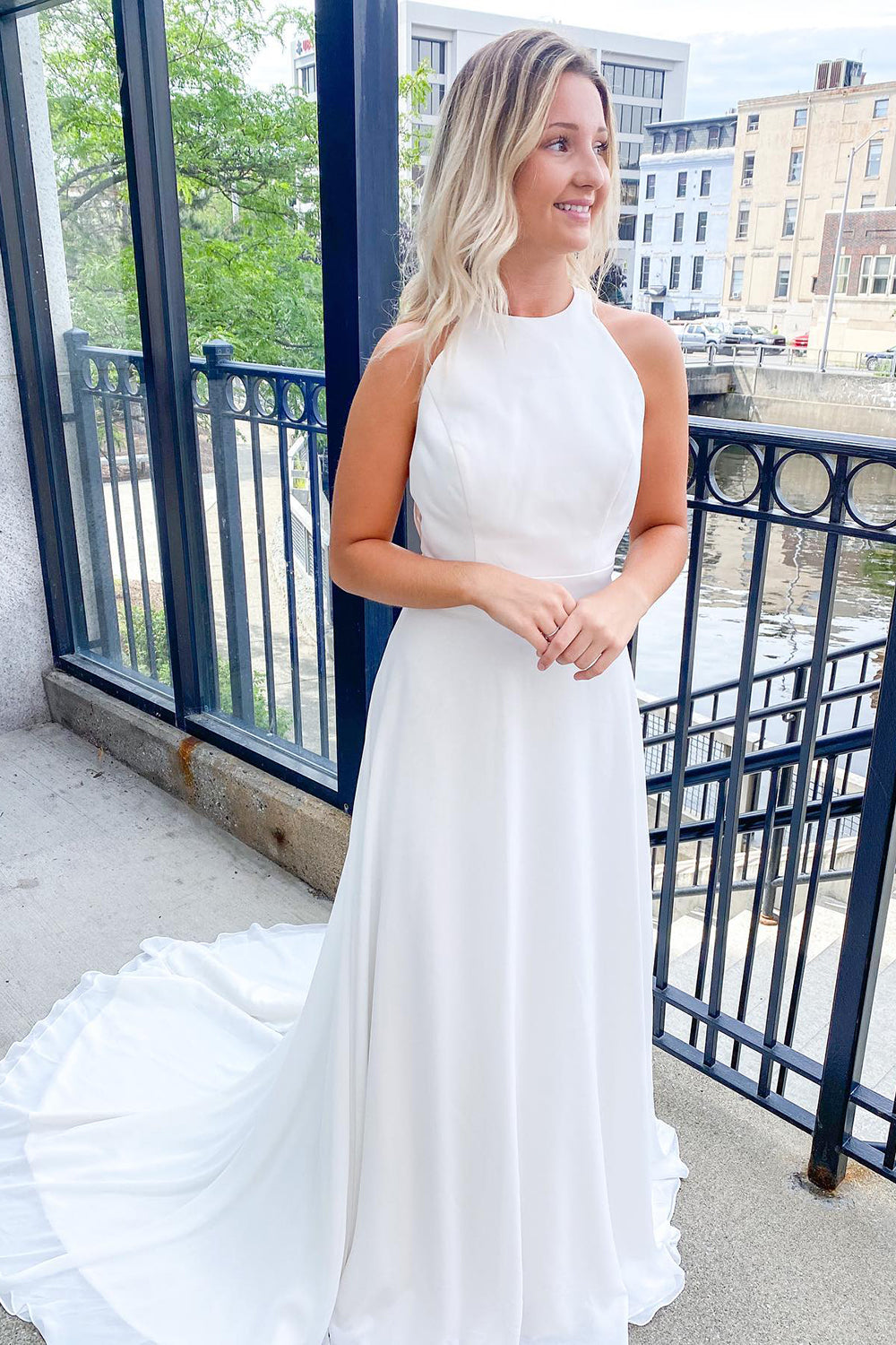 Classy Long Halter A-line Floor Length Open Back Train Wedding Dress With Ruched