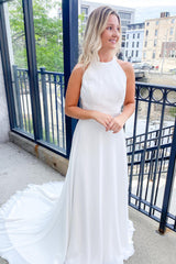 Classy Long Halter A-line Floor Length Open Back Train Wedding Dress With Ruched