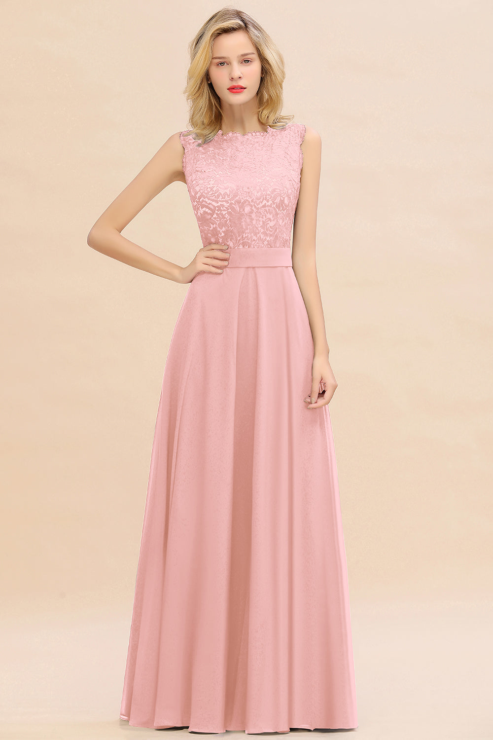 Long A-line Chiffon Lace Sleeveless Bridesmaid Dresses