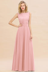 Long A-line Chiffon Lace Sleeveless Bridesmaid Dresses