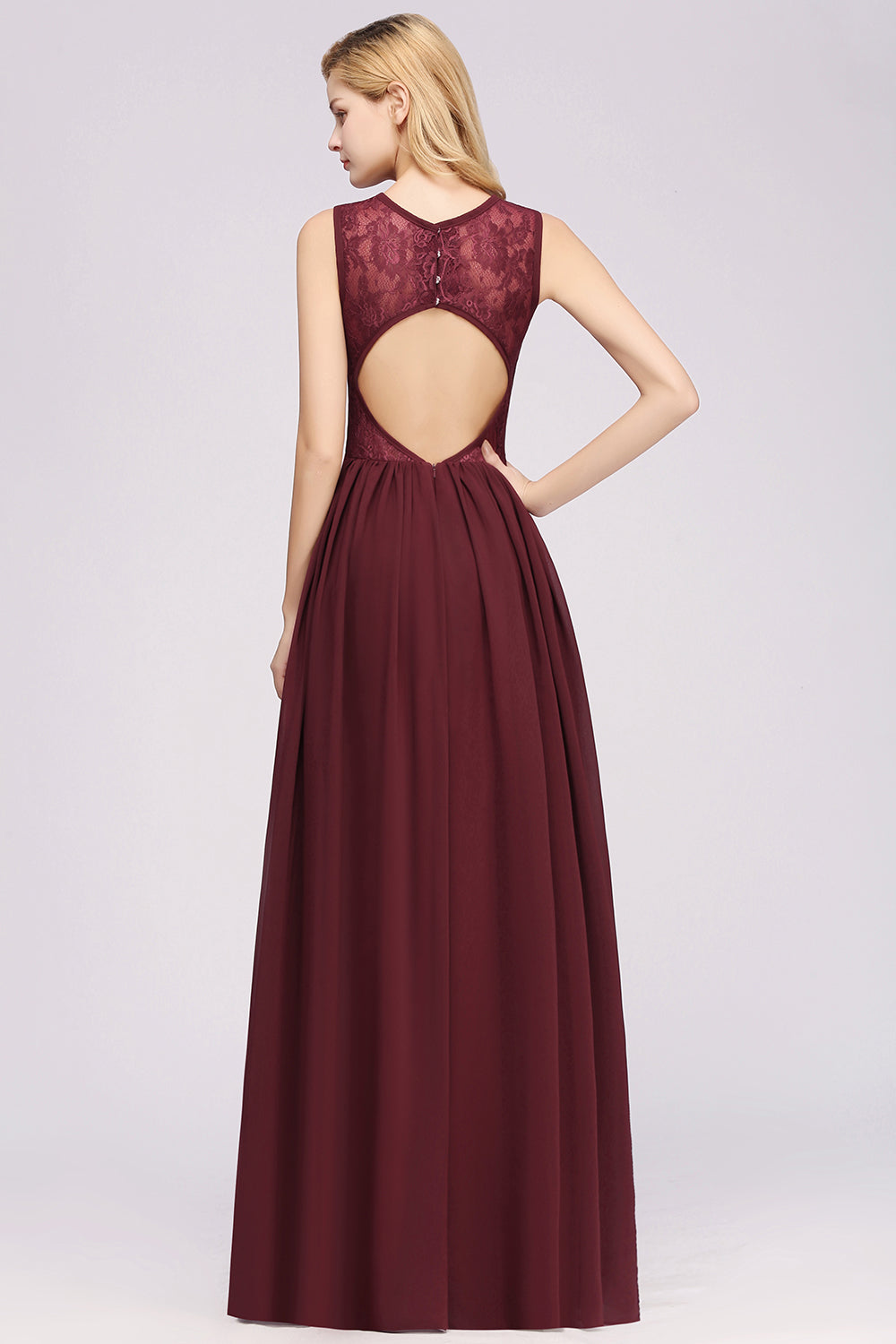 A-line Chiffon Lace Jewel Sleeveless Ruffles Floor Length Bridesmaid Dresses with Appliques