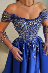 Royal Blue Long A-line Off the Shoulder Satin Formal Prom Dresses with Split Front