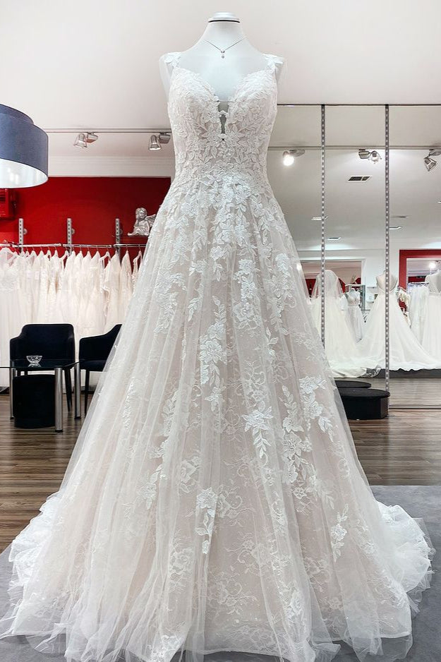 Beautiful Long A-line Tulle Lace V Neck Ruffles Open Back Wedding Dresses