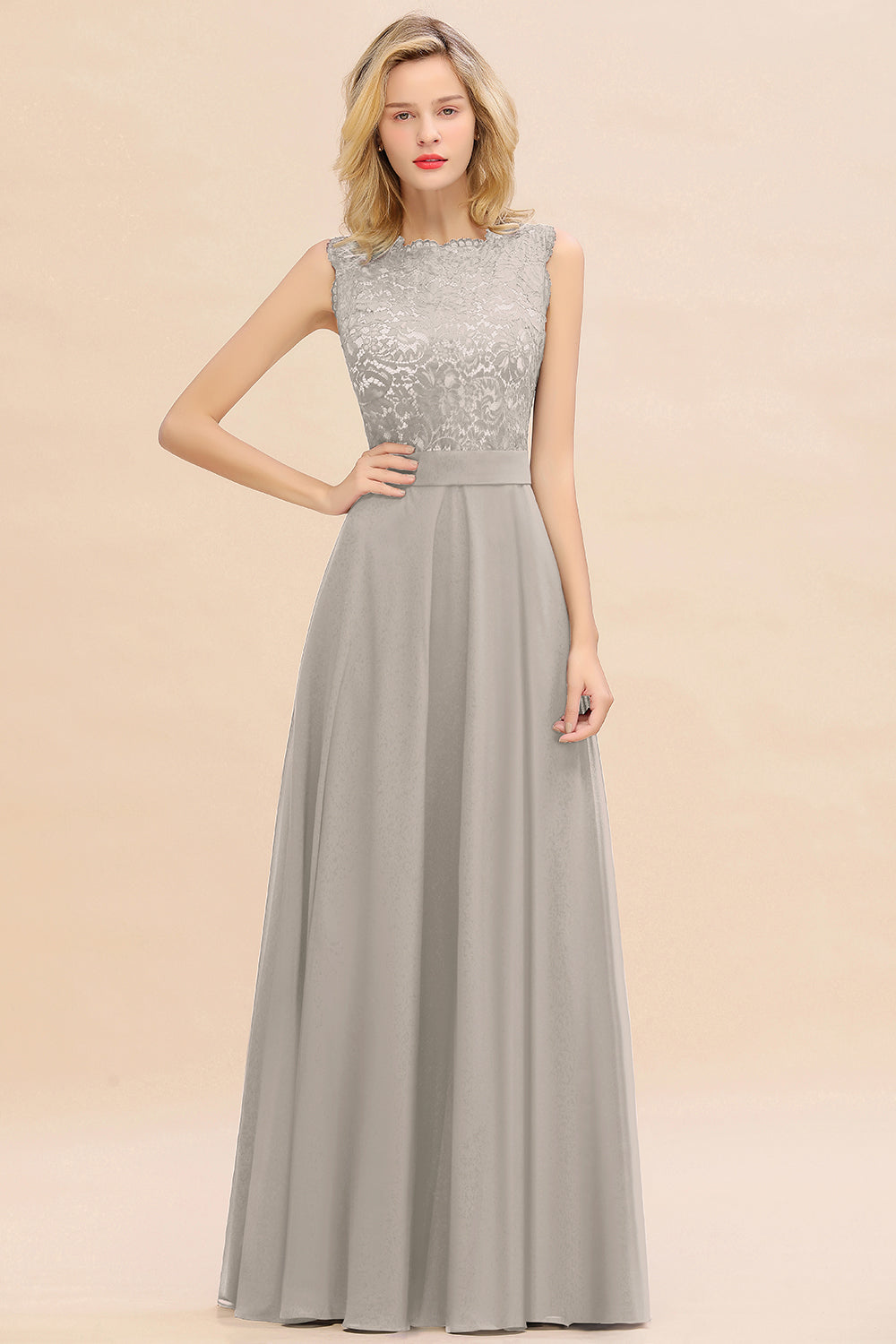 Long A-line Chiffon Lace Sleeveless Bridesmaid Dresses