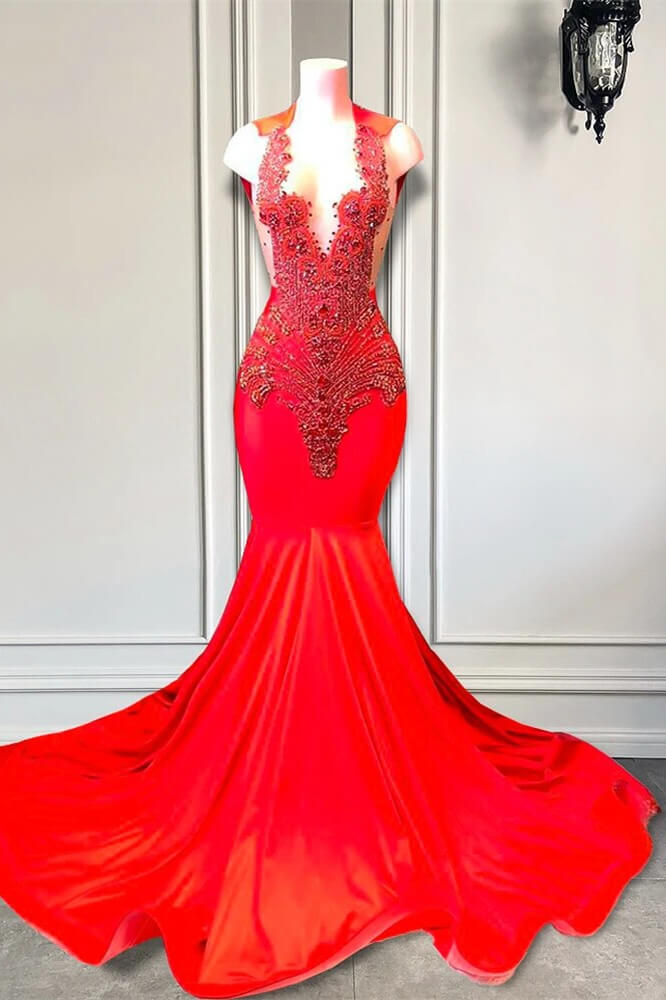 Red Sleeveless Long V-enck Mermaid Satin Prom Dress with Beads