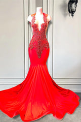Red Sleeveless Long V-enck Mermaid Satin Prom Dress with Beads