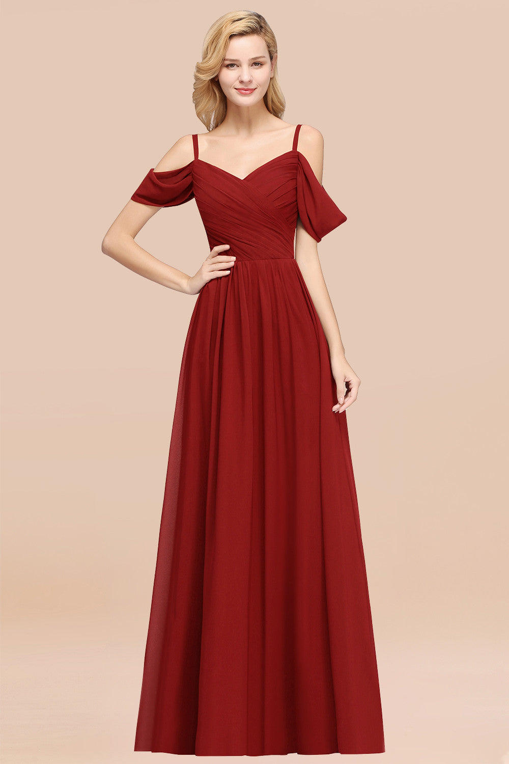 A-Line Chiffon V-Neck Spaghetti Straps Short Sleeves Floor Length Bridesmaid Dresses with Ruffles