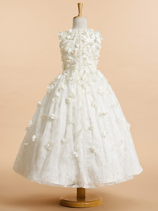 Long A-line Tulle Lace Flower Girl Dresses White First Communion Dress