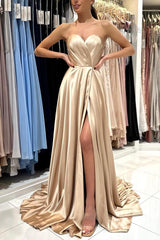 Simple Long A-line Sweetheart Satin Formal Prom Dress with Slit