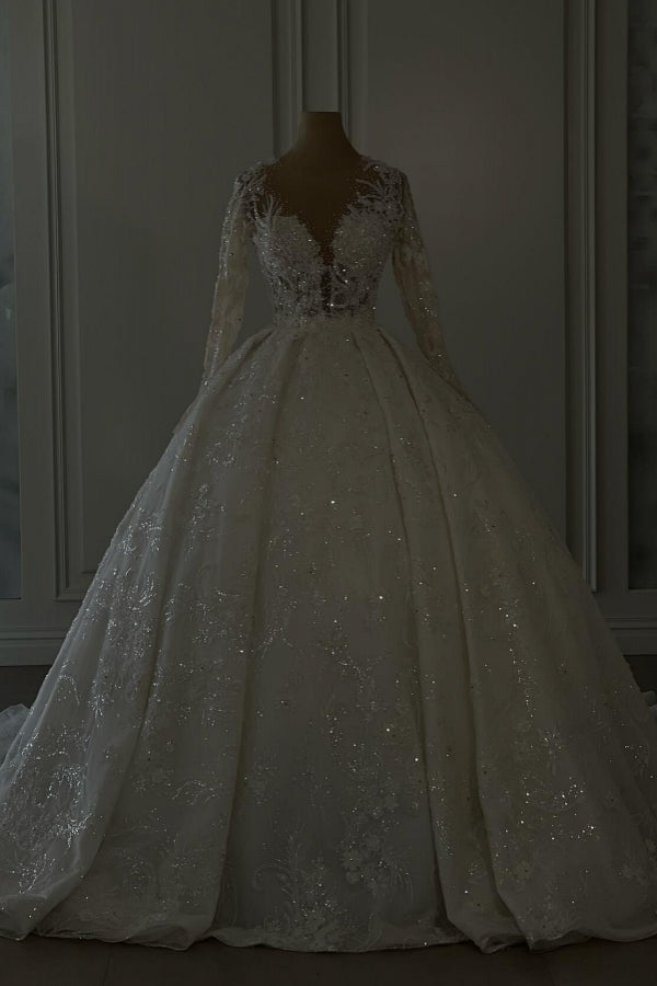 Elegant Long Tulle Lace V-neck Ball Gown Wedding dresses with Long Sleeves