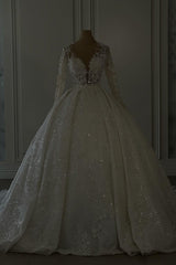 Elegant Long Tulle Lace V-neck Ball Gown Wedding dresses with Long Sleeves