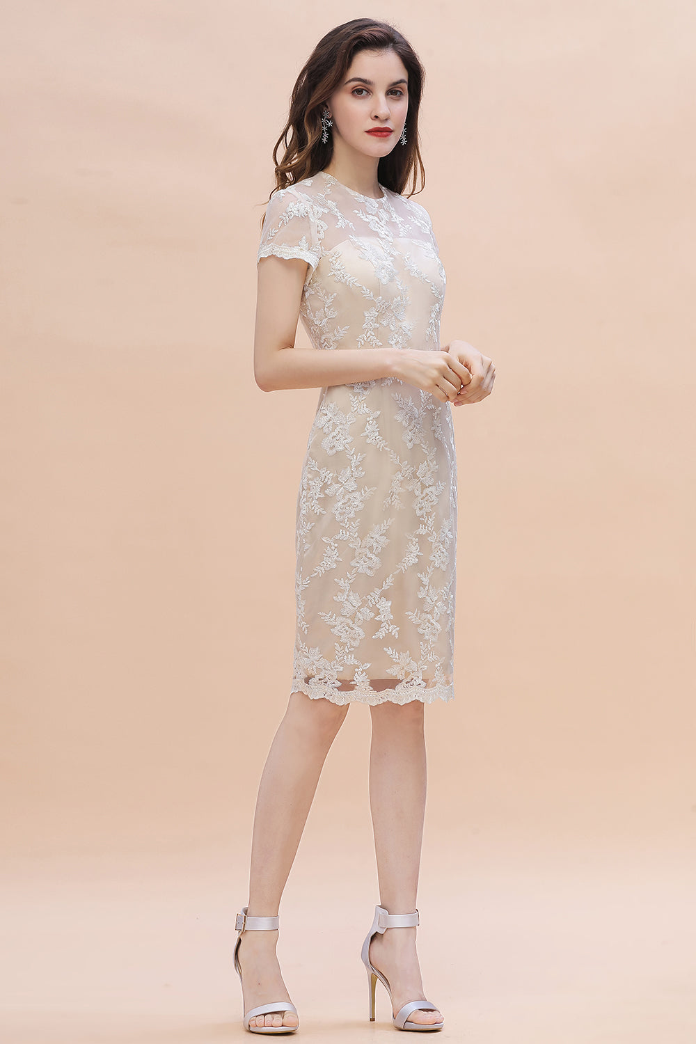 Tulle Lace Beads Belt Short Sleeves Mother of Bride Dress