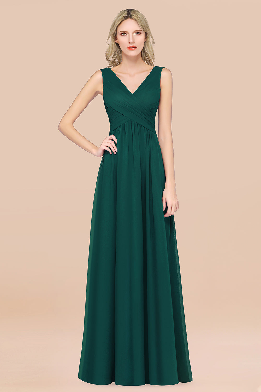 A-Line Chiffon Straps V-Neck Sleeveless Floor Length Bridesmaid Dress with Ruffles