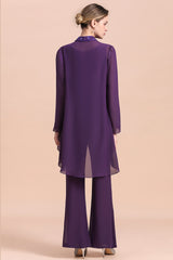 Straps Beading Grape Chiffon Long Sleeves Mother of Bride Jumpsuit With Wrap