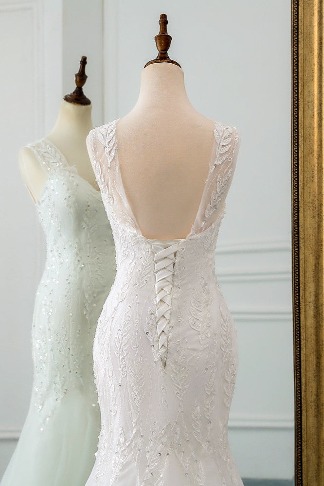 Gorgeous Long Mermaid V-neck Tulle Wedding Dress with Beadings