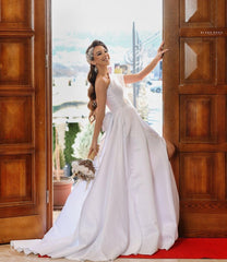 Elegant Long A-line One Shoulder Satin Wedding Dress with Slit
