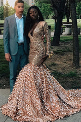 Long V-neck Appliques Lace Mermaid Prom Dress with Sleeves