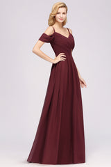 A-Line Chiffon V-Neck Spaghetti Straps Short Sleeves Floor Length Bridesmaid Dresses with Ruffles