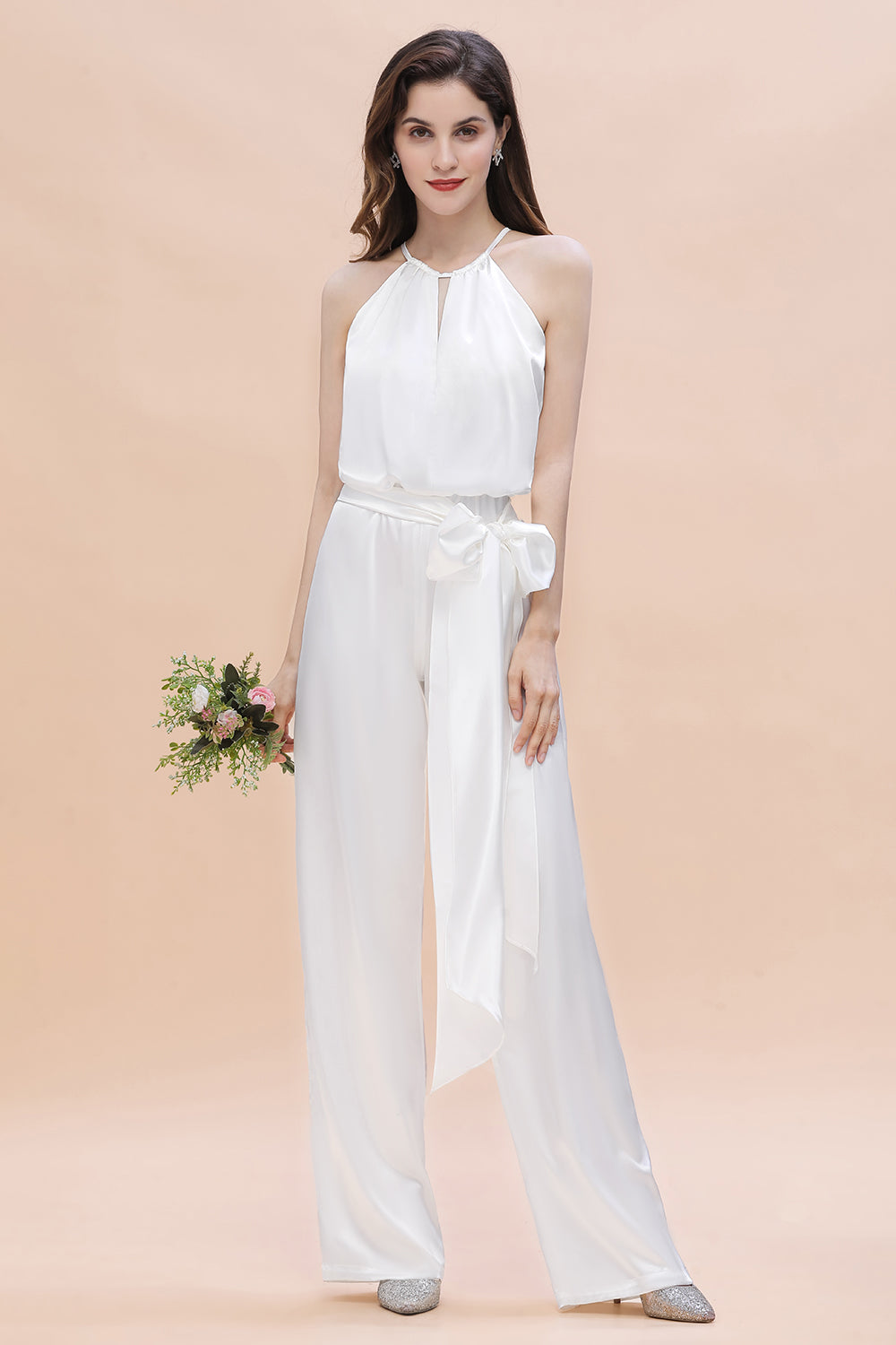 Elegant White Halter Bridesmaid Dress Floor Length Jumpsuit With Bowknot