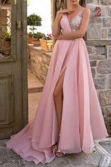 Charming A-Line V-Neck Chiffon Appliques Lace Long Prom Dress with Split