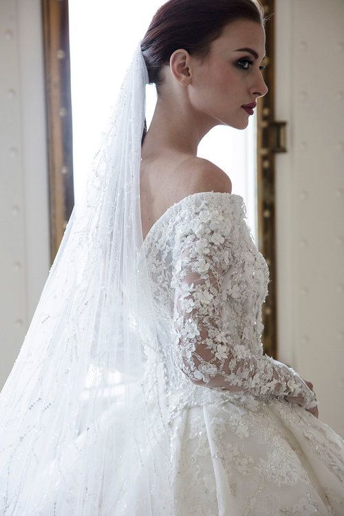 Gorgeous Long Off the Shoulder Backless Appliques Lace A-Line Wedding Dress with Long Sleeve