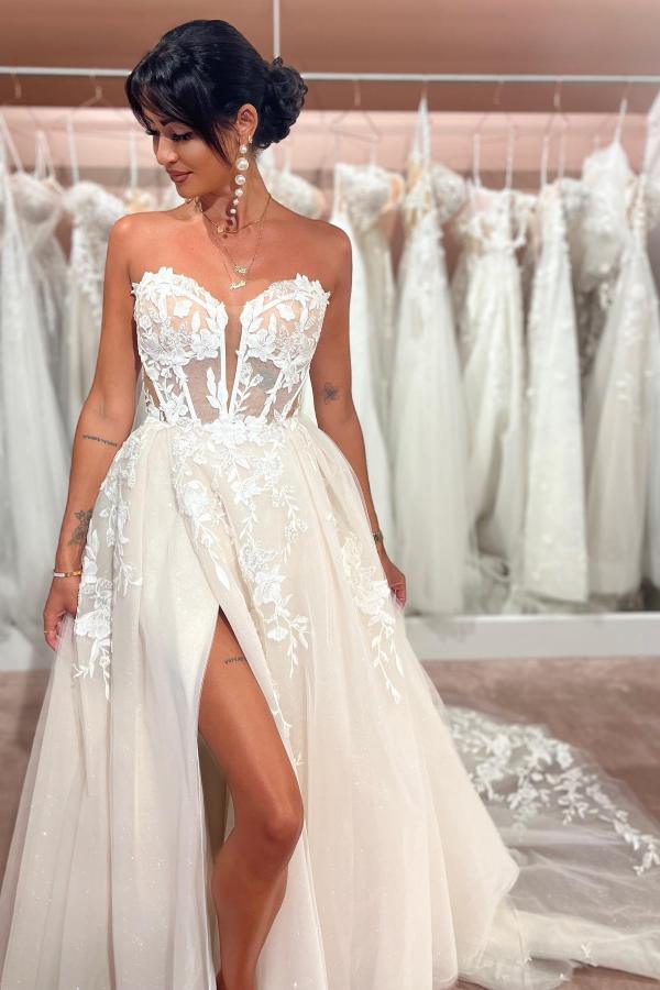 Sexy A-line Sweetheart Sleeveless Lace Chiffon Long Appliques Wedding dress with Split