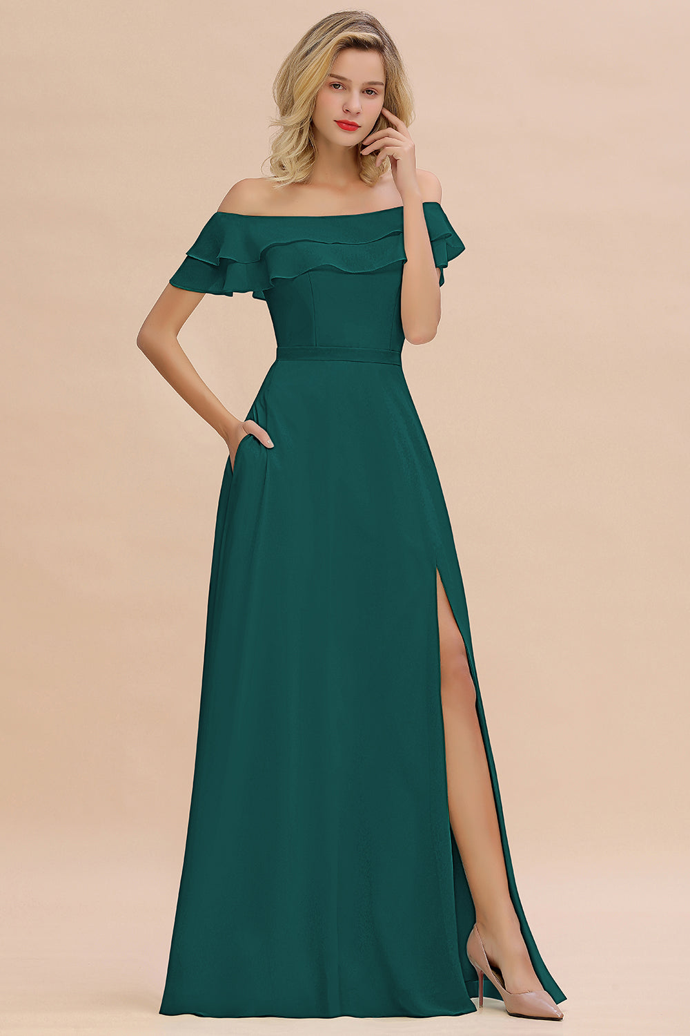 Off the Shoulder Front Slit Mint Green Long Bridesmaid Dress
