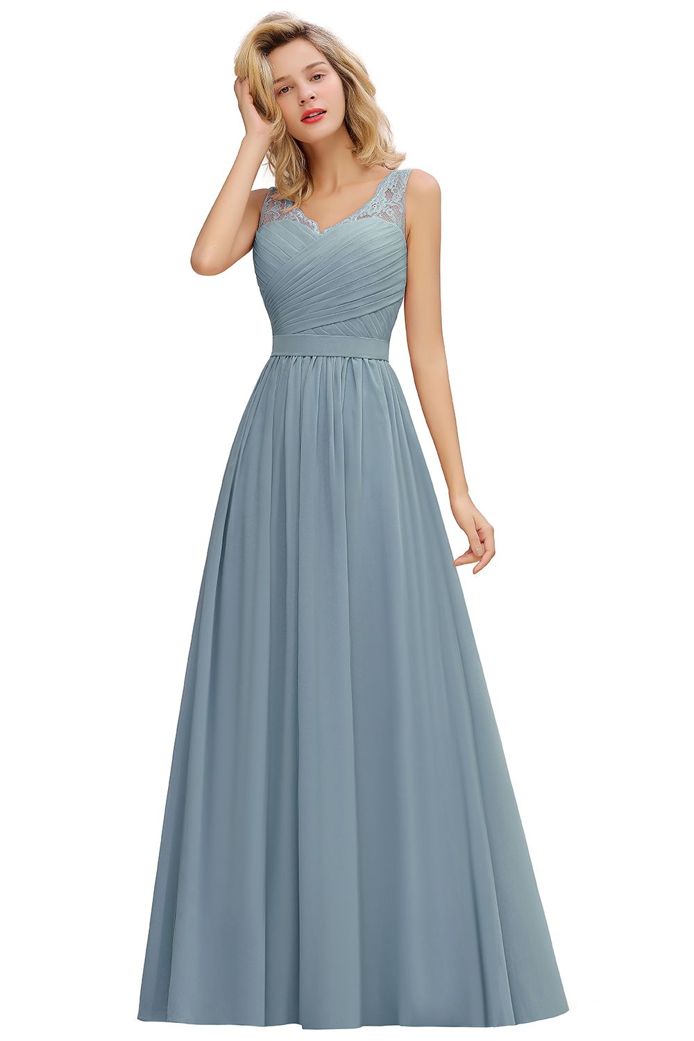 Long A Line Chiffon Sleeveless Lace Bridesmaid Dress with Ruffle