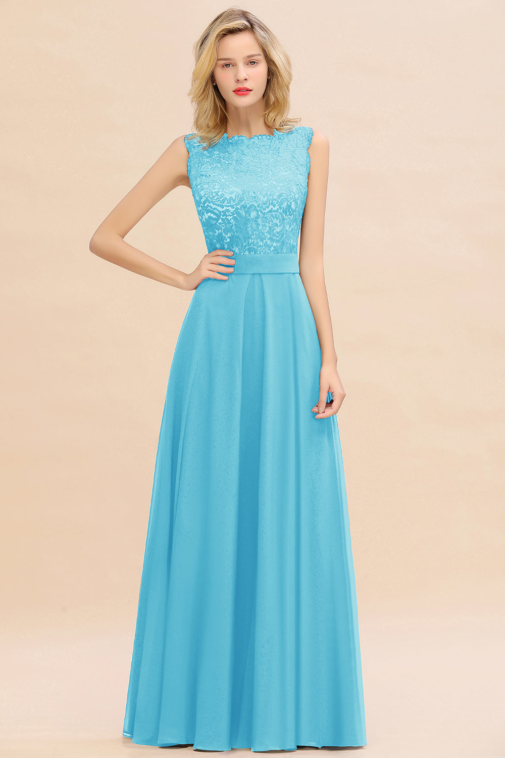 Long A-line Chiffon Lace Sleeveless Bridesmaid Dresses