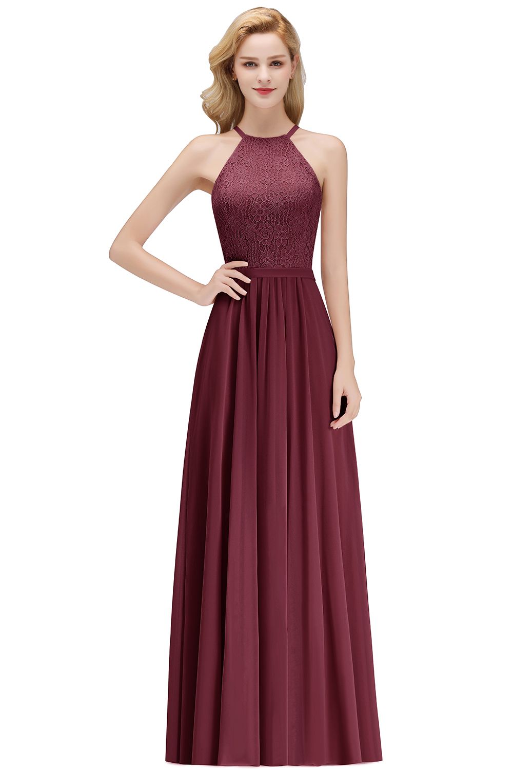 A-line Sleeveless Halter Long Lace Chiffon Bridesmaid Dresses
