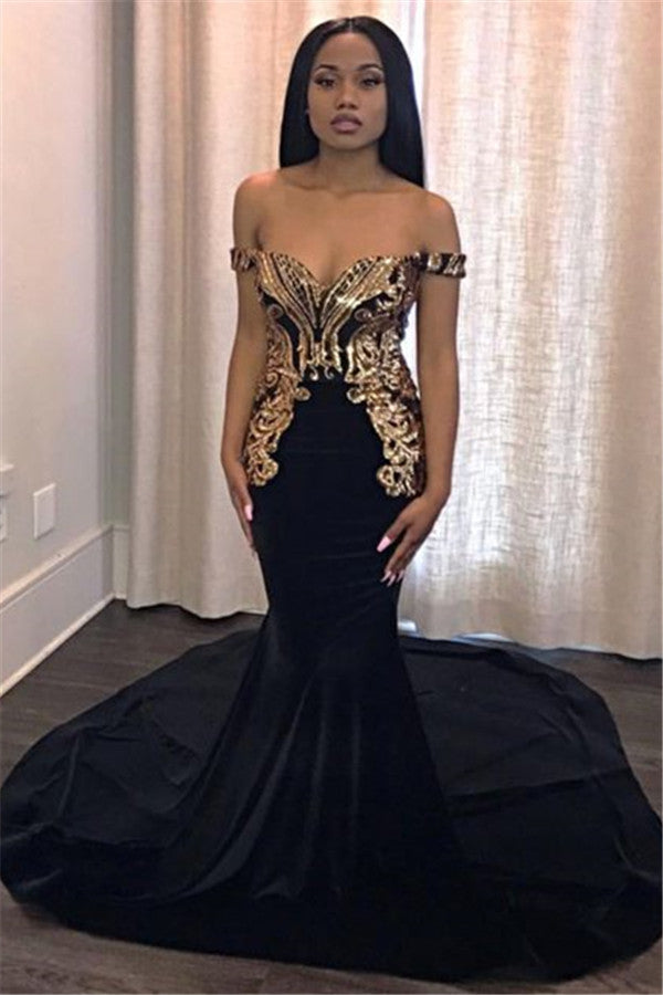 Black Long Off the Shoulder Appliques Mermaid Prom Dress