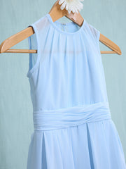Sky Blue Long A-line Jewel Neck Knee Length Chiffon Junior Bridesmaid Dress