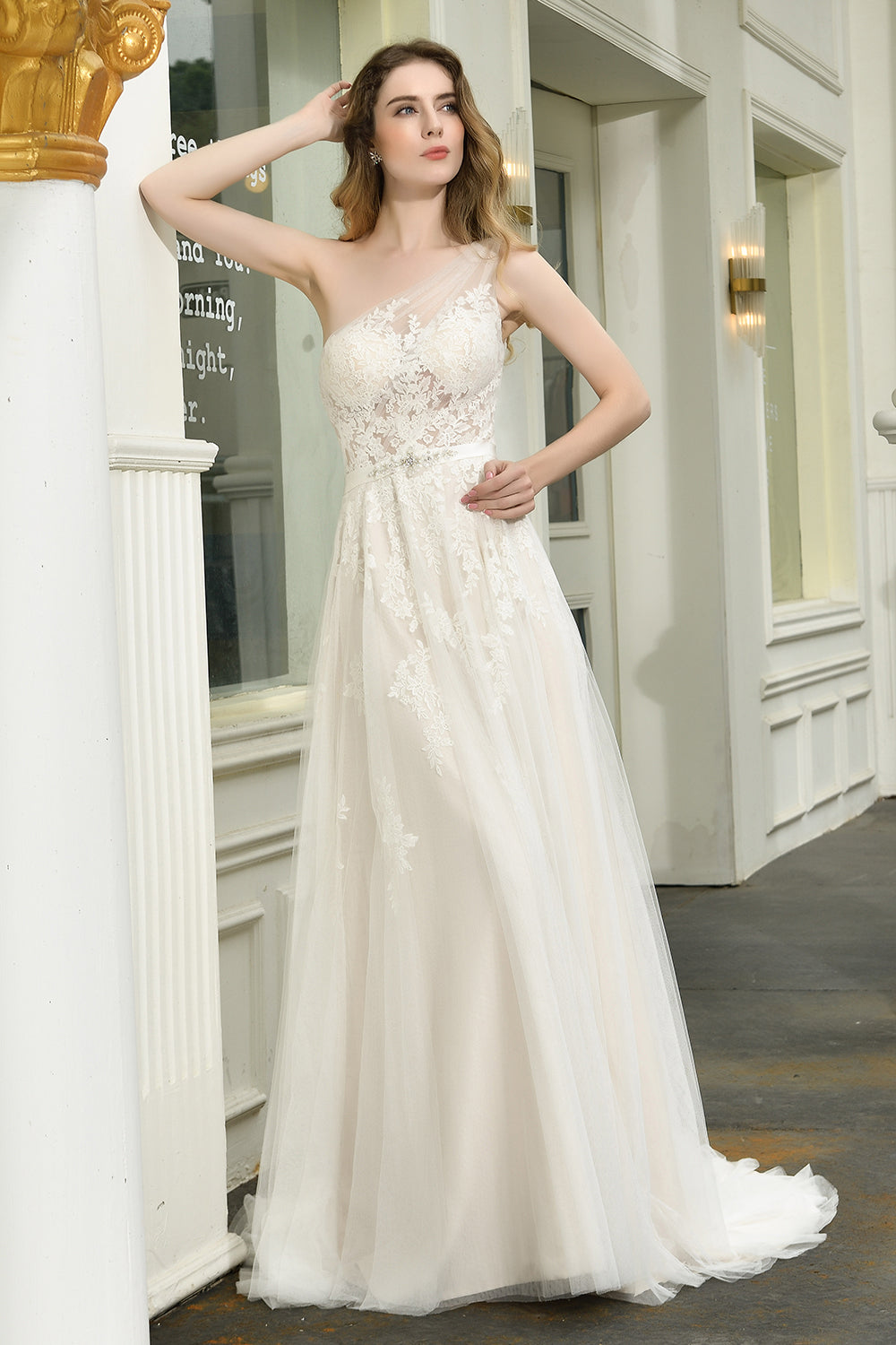 Elegant Long A-line One Shoulder Lace Tulle Backless Wedding Dresses