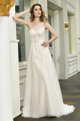 Elegant Long A-line One Shoulder Lace Tulle Backless Wedding Dresses
