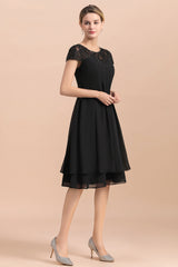 Chiffon Black Cap Sleeve Short Mother of Bride Dress