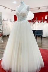 Unique Long A-line V-neck Tulle Lace Ruffles Ivory Wedding Dress